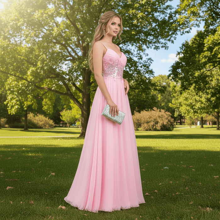 Classic Vneck Pink Tulle A Line Long Prom Dress with Spaghetti Straps - Rosymae