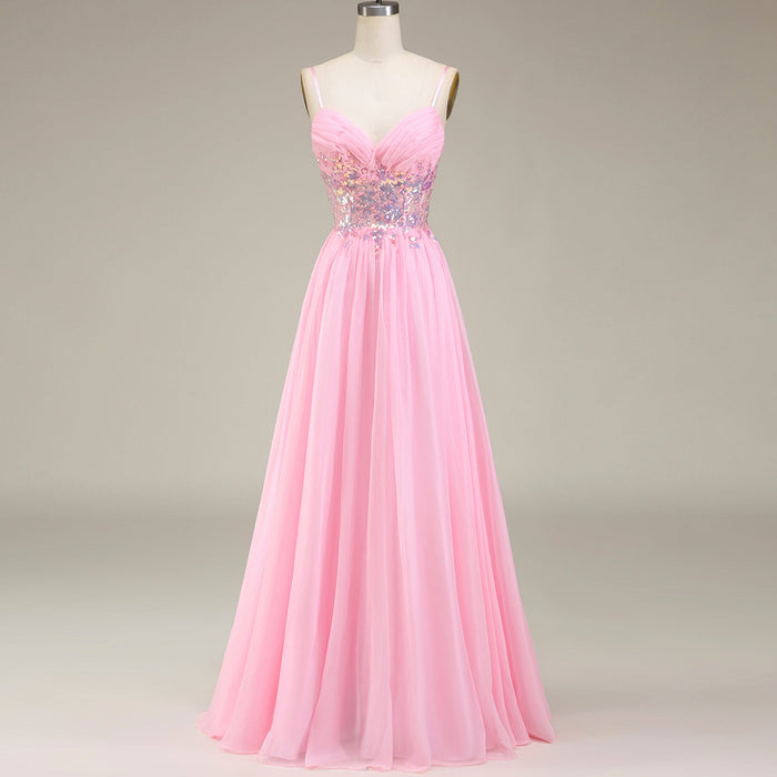 Classic Vneck Pink Tulle A Line Long Prom Dress with Spaghetti Straps - Rosymae