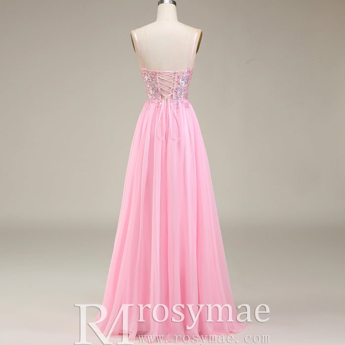 Classic Vneck Pink Tulle A Line Long Prom Dress with Spaghetti Straps - Rosymae