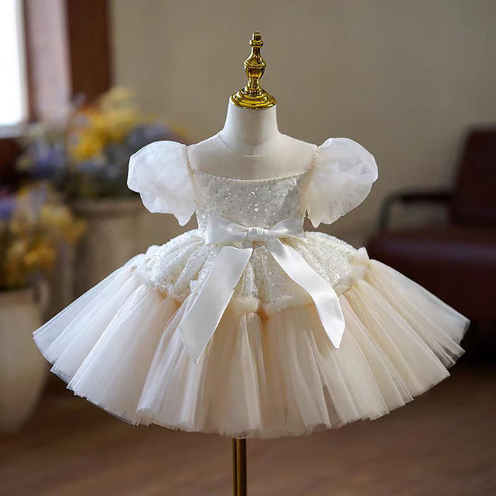 Classic White Puff Sleeve Flower Girl Dress Sequin Tulle First Communion Wedding Party Dress J762