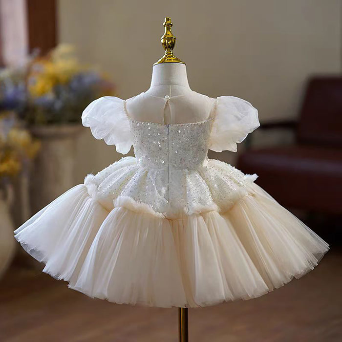Classic White Puff Sleeve Flower Girl Dress Sequin Tulle First Communion Wedding Party Dress J762