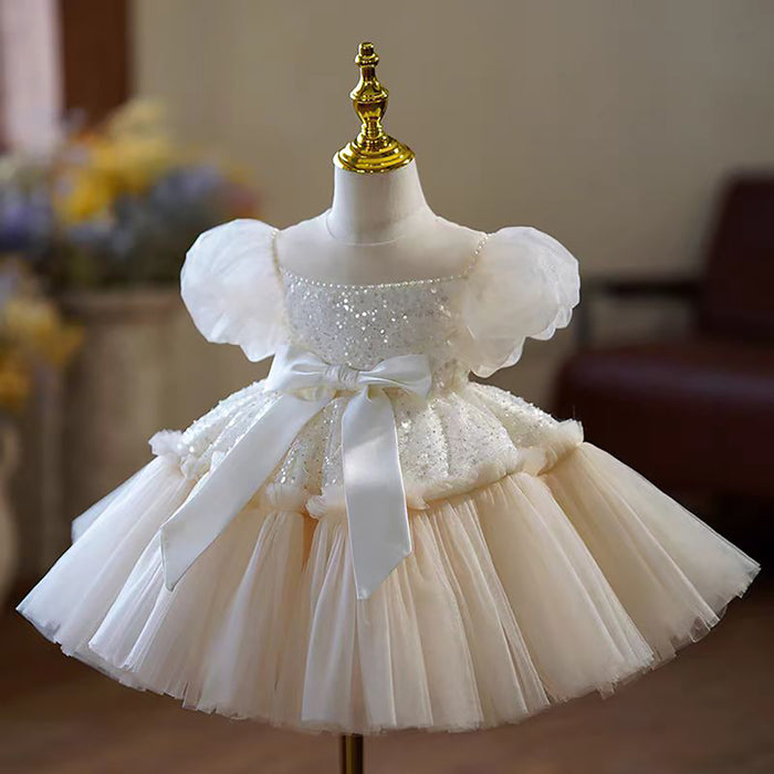 Classic White Puff Sleeve Flower Girl Dress Sequin Tulle First Communion Wedding Party Dress J762
