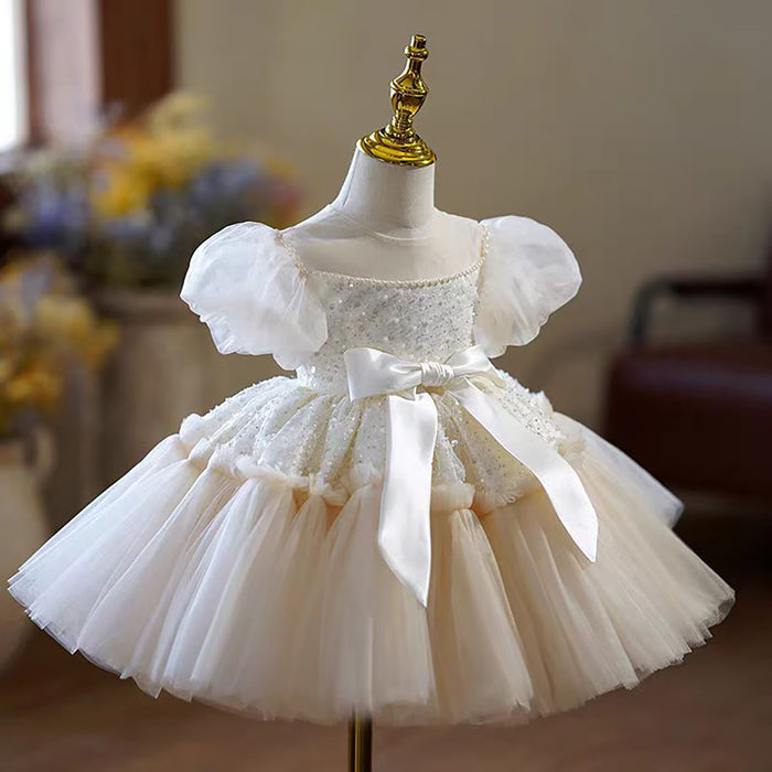 Classic White Puff Sleeve Flower Girl Dress Sequin Tulle First Communion Wedding Party Dress J762