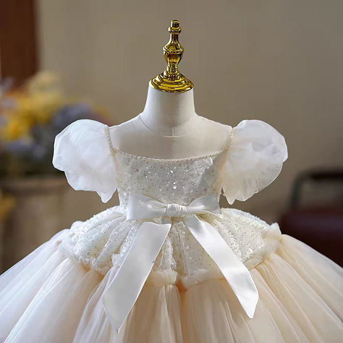 Classic White Puff Sleeve Flower Girl Dress Sequin Tulle First Communion Wedding Party Dress J762