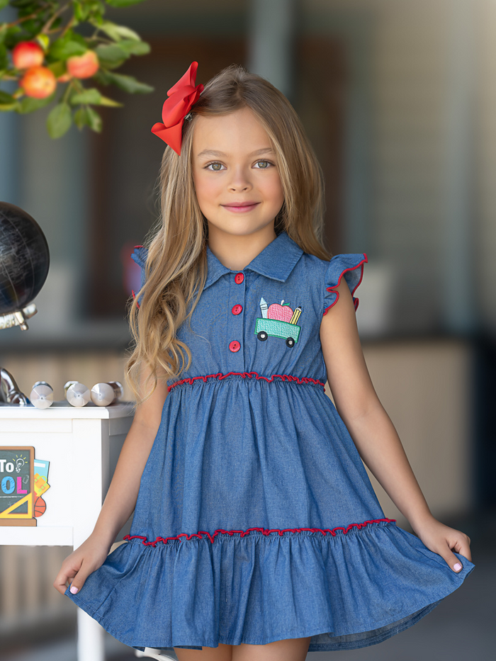 Classroom Cutie Ruffle Trim Denim Dress Mia Belle Girls