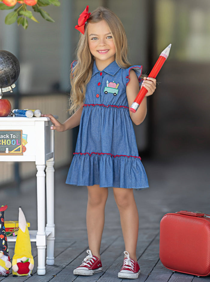 Mia Belle Girls Ruffle Trim Denim Dress | Back To School Dresses