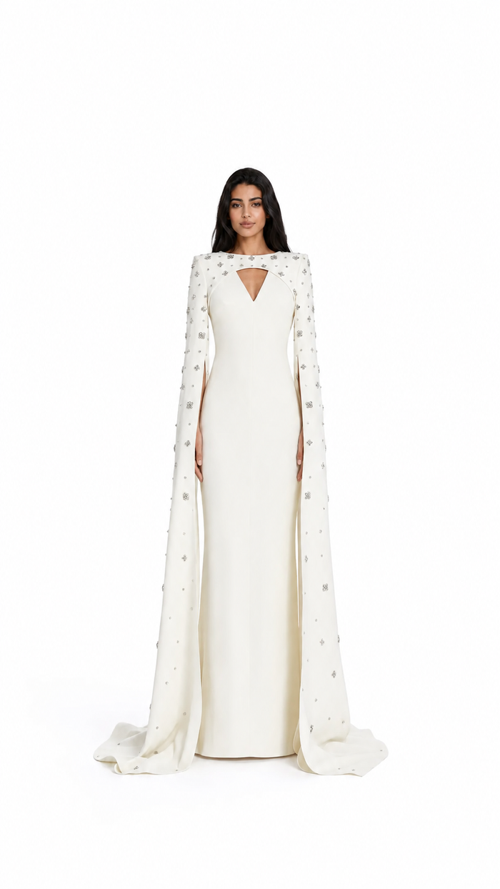 Column dress with open neckline and crystal embellished cape - Barbars
