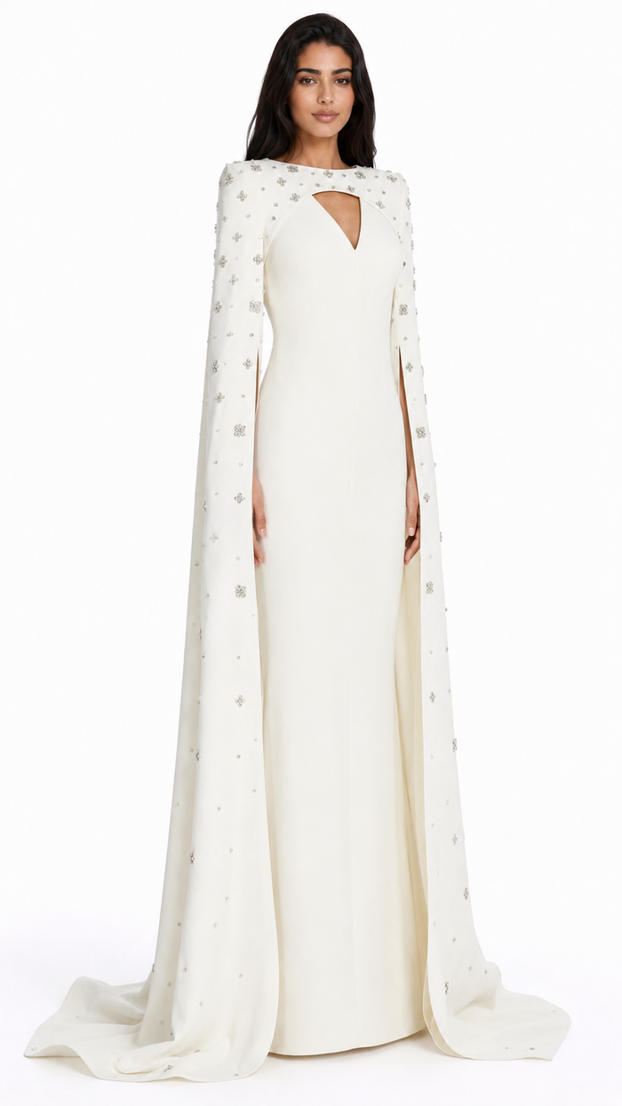 Column dress with open neckline and crystal embellished cape - Barbars