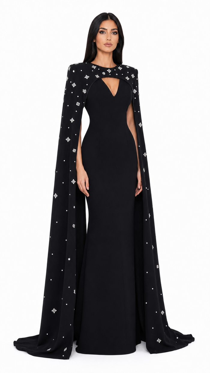 Column dress with open neckline and crystal embellished cape - Barbars