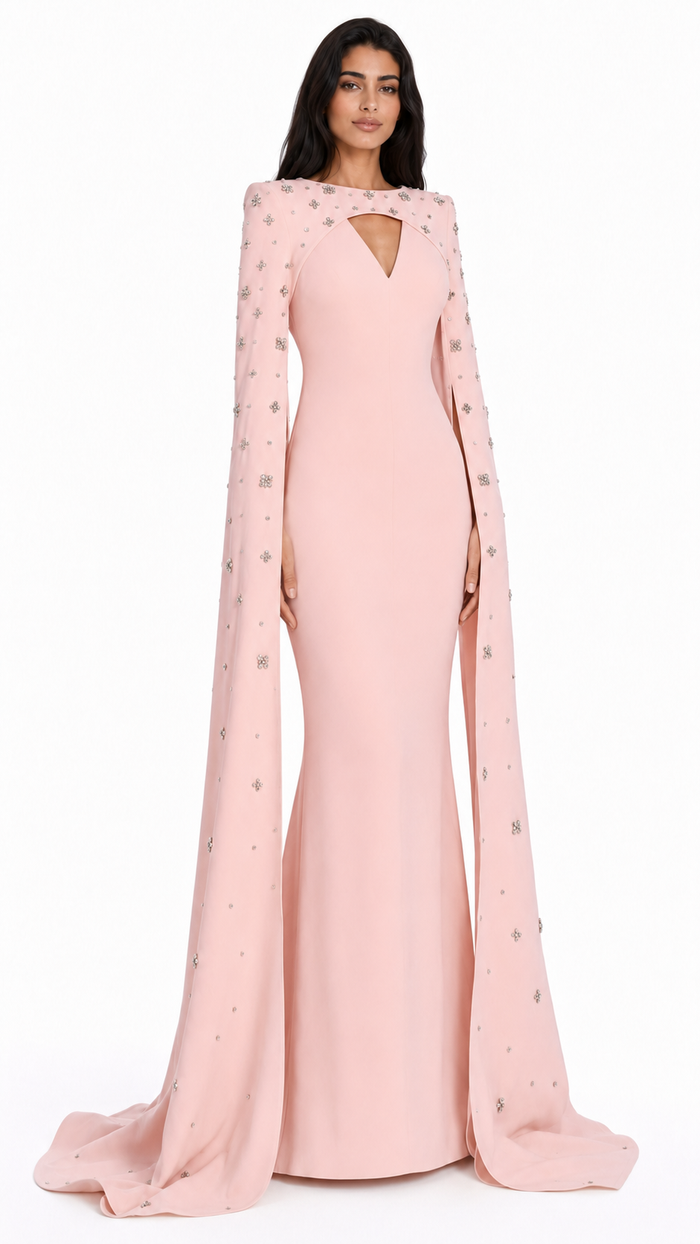 Column dress with open neckline and crystal embellished cape - Barbars
