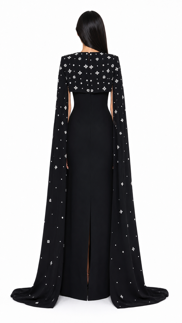 Column dress with open neckline and crystal embellished cape - Barbars