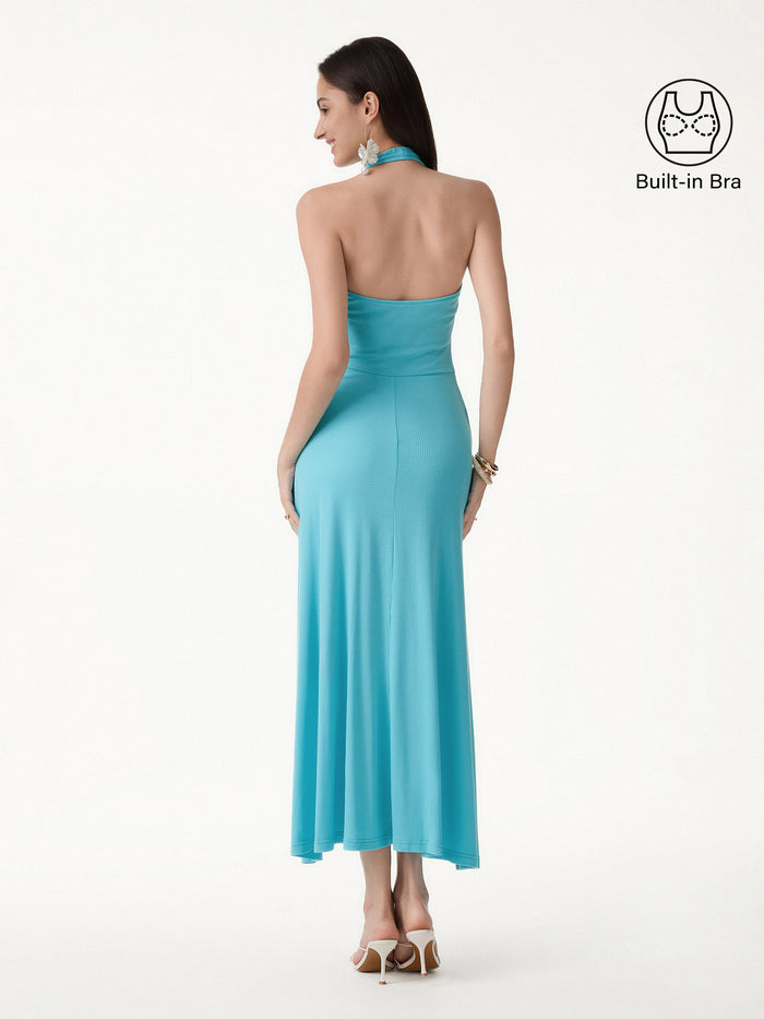 OGLmove CoolTouch Halter A-Line Midi Bra Dress Iced Aqua Blue XS