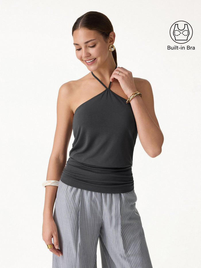 OGLmove CoolTouch Halter Ruched Hem Bra Top Blue Charcoal S