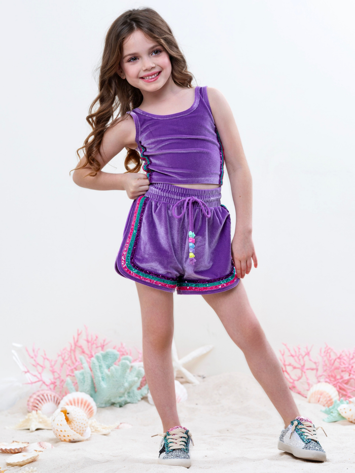 Kids purple velour set with mermaid colors for summer outfit