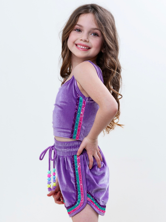 Toddler girl mermaid outfit with purple shimmer fabric and drawstring shorts