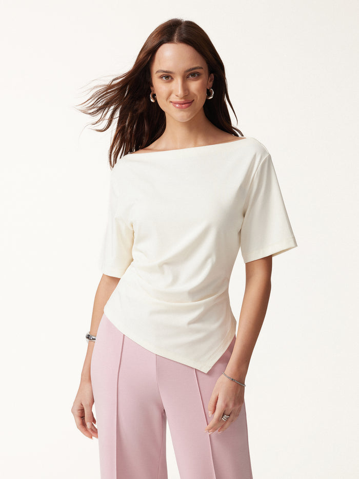 OGLmove Cotton Blend Boatneck Elbow Sleeve Asymmetrical Tucked Top Milk Cream XXS
