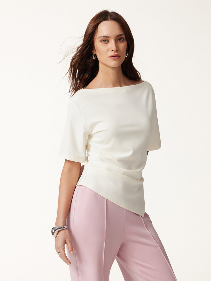 OGLmove Cotton Blend Boatneck Elbow Sleeve Asymmetrical Tucked Top