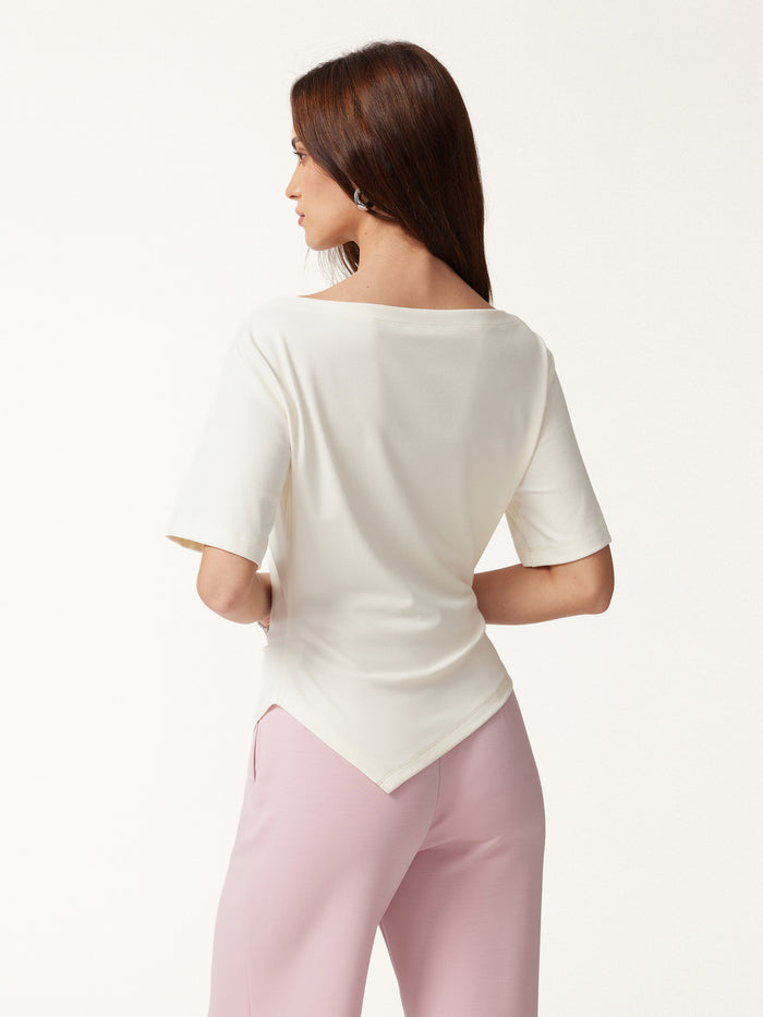 OGLmove Cotton Blend Boatneck Elbow Sleeve Asymmetrical Tucked Top