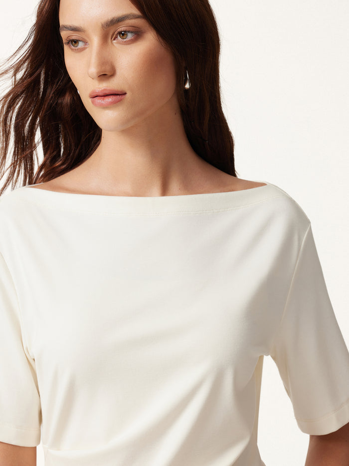 OGLmove Cotton Blend Boatneck Elbow Sleeve Asymmetrical Tucked Top