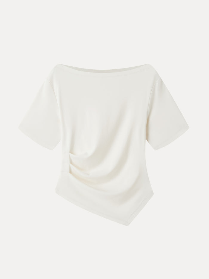 OGLmove Cotton Blend Boatneck Elbow Sleeve Asymmetrical Tucked Top