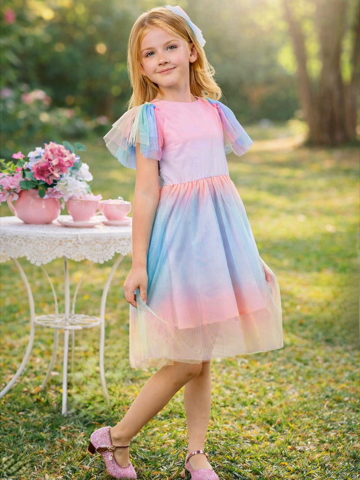 Girls pastel dress with layered tulle skirt and soft rainbow ombre colors