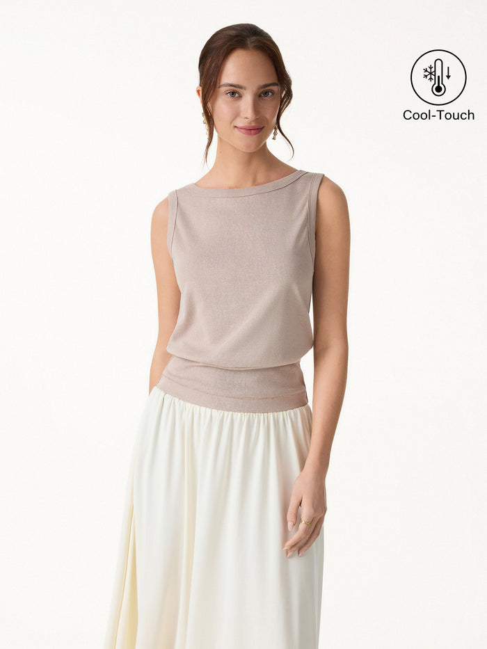 OGLmove Cotton-Linen Blend Reversible Boatneck Low Back Top Desert Sand Beige XS