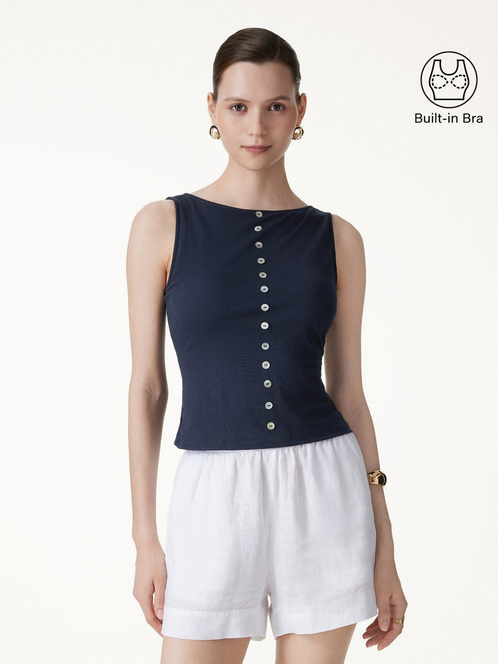 OGLmove Cotton-Linen Boatneck Cropped Bra Top Smoky Navy XS