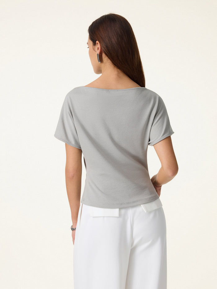 OGLmove 2Pcs Set Boatneck Angled Tee & Mid Rise Wide Leg Trousers
