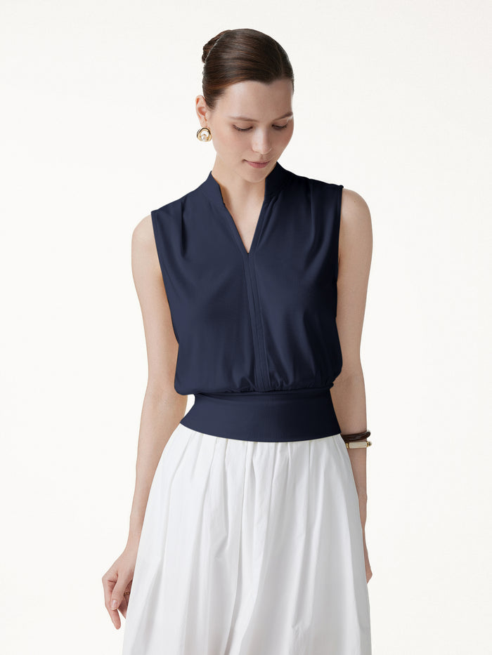 OGLmove Cotton-Viscose V-neck Stand Collar Sleeveless Top