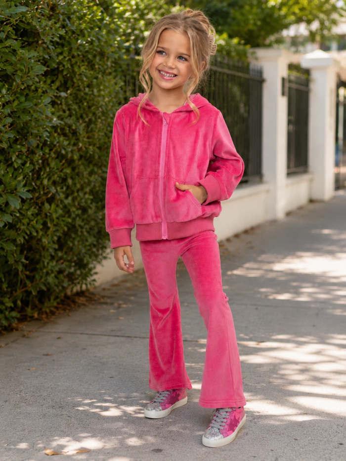 Cozy Charm Pink Velour Flare Pant Set