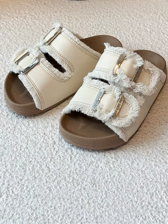 Cozy Double Strap Shearling Cork Slide Sandals Mia Belle Girls