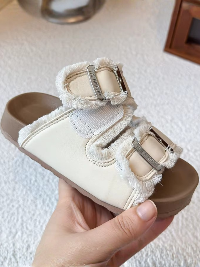 Cozy Double Strap Shearling Cork Slide Sandals Mia Belle Girls