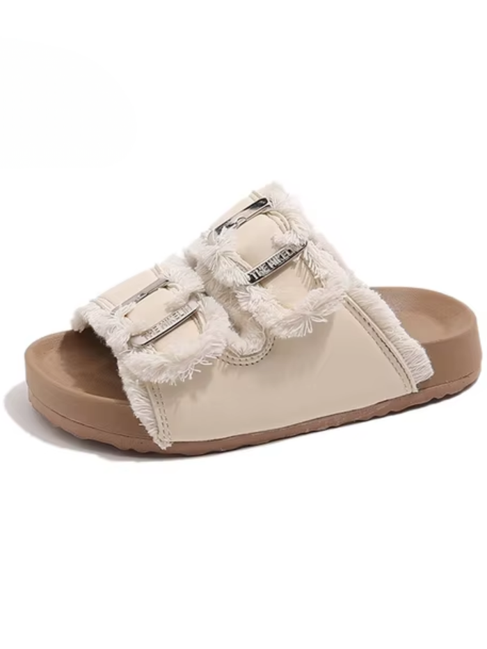 Cozy Double Strap Shearling Cork Slide Sandals Mia Belle Girls
