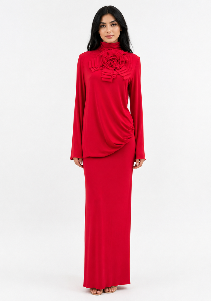 Crimson Rose Maxi Gown — 3D Floral Open-Back Long Dress