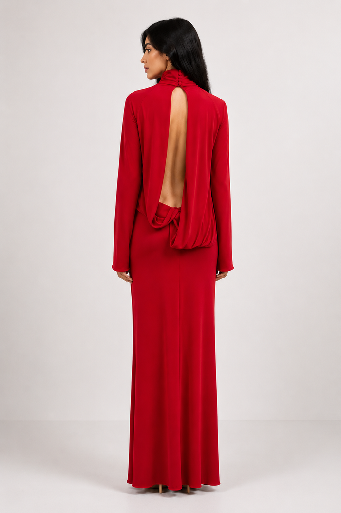 Crimson Rose Maxi Gown — 3D Floral Open-Back Long Dress