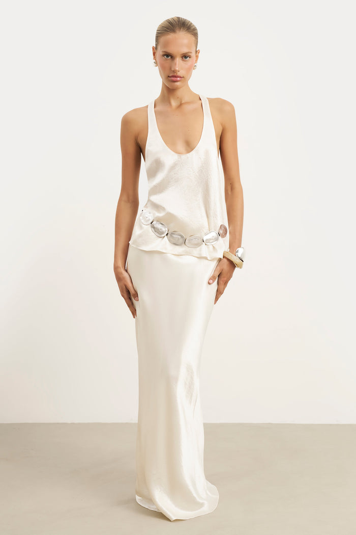 Crushed Satin Bias Cut Maxi Skirt - Champagne