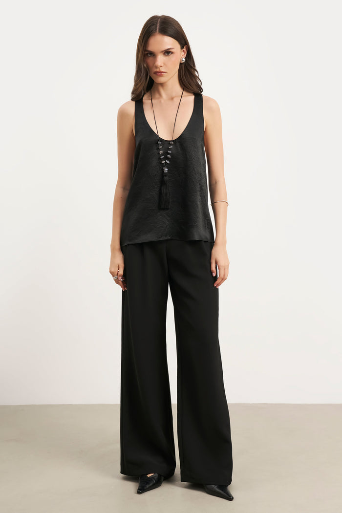 Crushed Satin Plunge U Neck Tank Top - Black