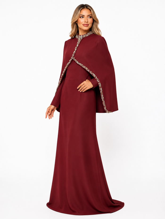 Crystal Cape Maxi Dress - Burgundy