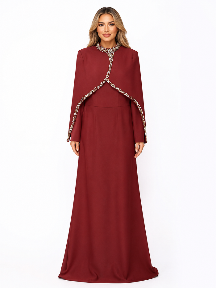 Crystal Cape Maxi Dress - Burgundy