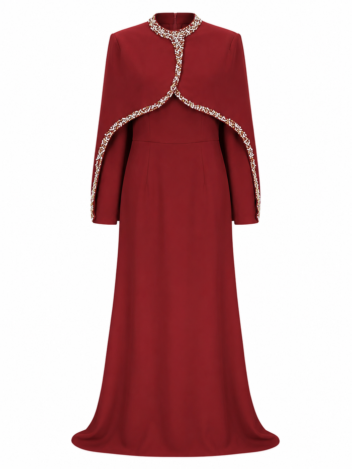 Crystal Cape Maxi Dress - Burgundy