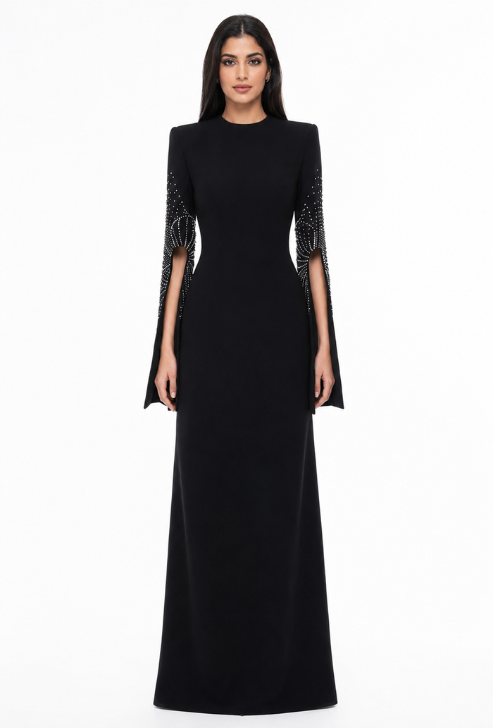Crystal Cape Sleeve Evening Gown - Valencia
