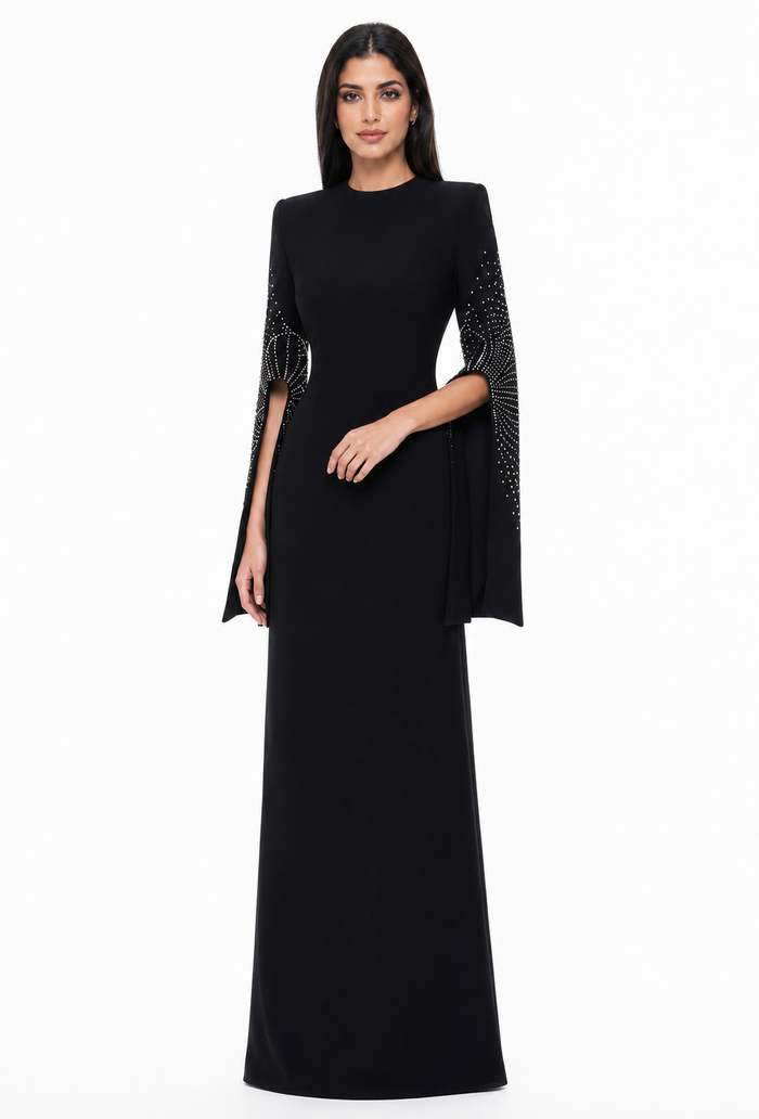 Crystal Cape Sleeve Evening Gown - Valencia