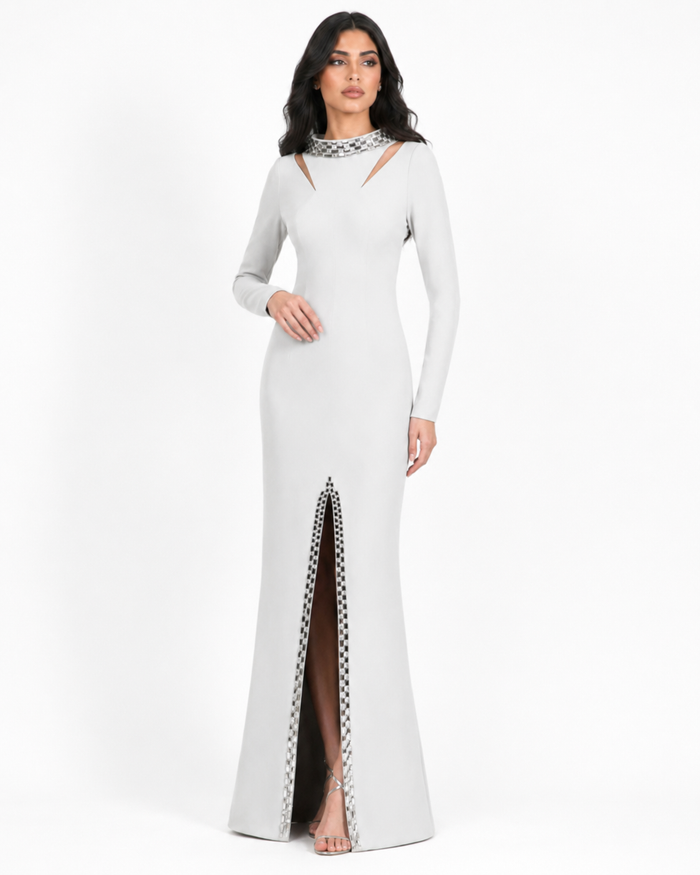 Crystal Collar Slit Maxi Dress - Silver