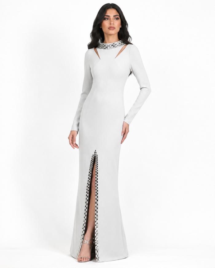 Crystal Collar Slit Maxi Dress - Silver