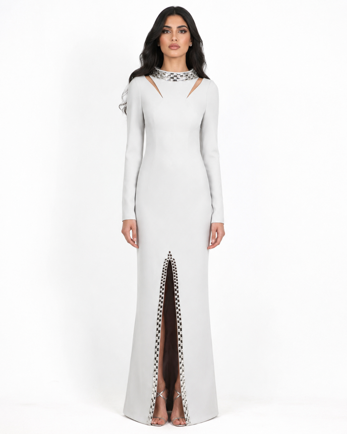 Crystal Collar Slit Maxi Dress - Silver