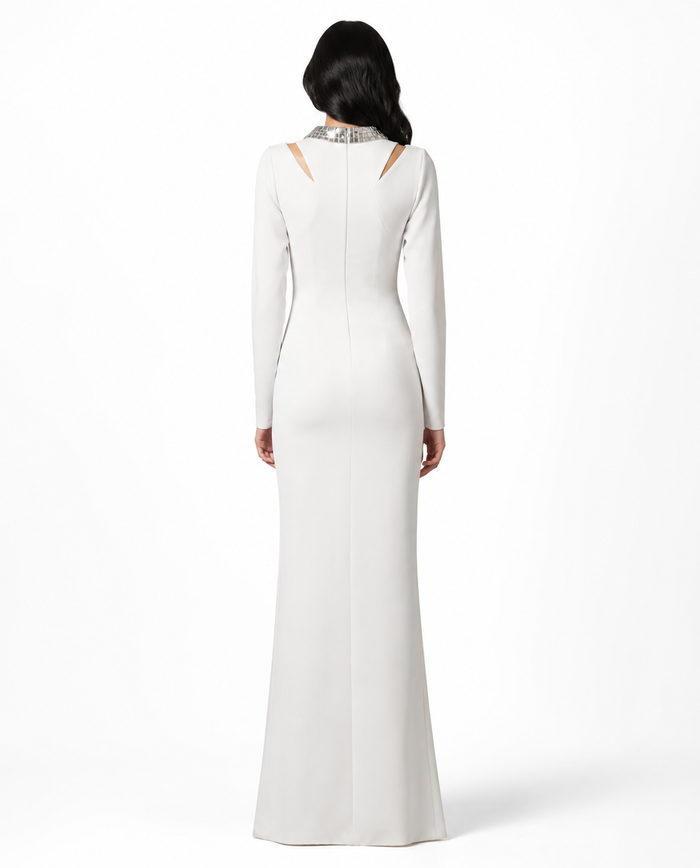 Crystal Collar Slit Maxi Dress - Silver
