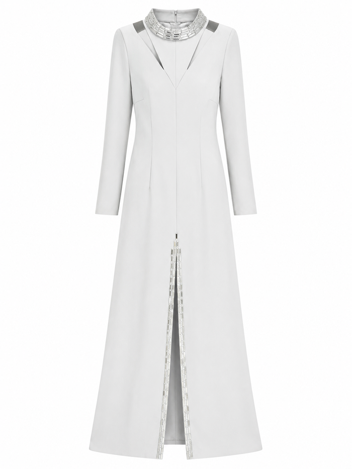 Crystal Collar Slit Maxi Dress - Silver