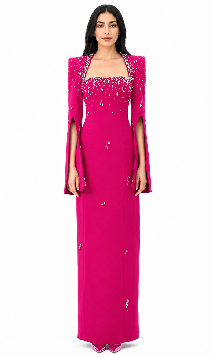 Crystal Embellished Cape Sleeve Maxi Dress - Lizra