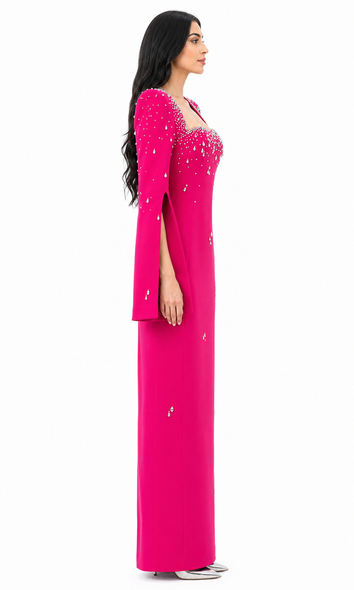 Crystal Embellished Cape Sleeve Maxi Dress - Lizra