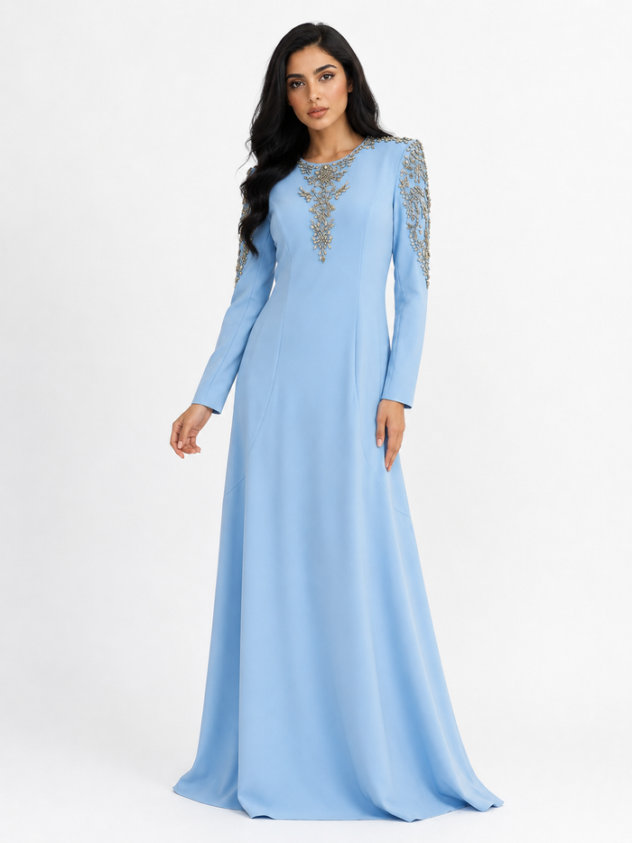 Crystal Embellished Maxi Dress - Sky